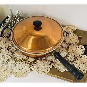Vintage Copper Frying Pan w/ Lid & Handle Sauté Pan or Skillet Cookware 10"